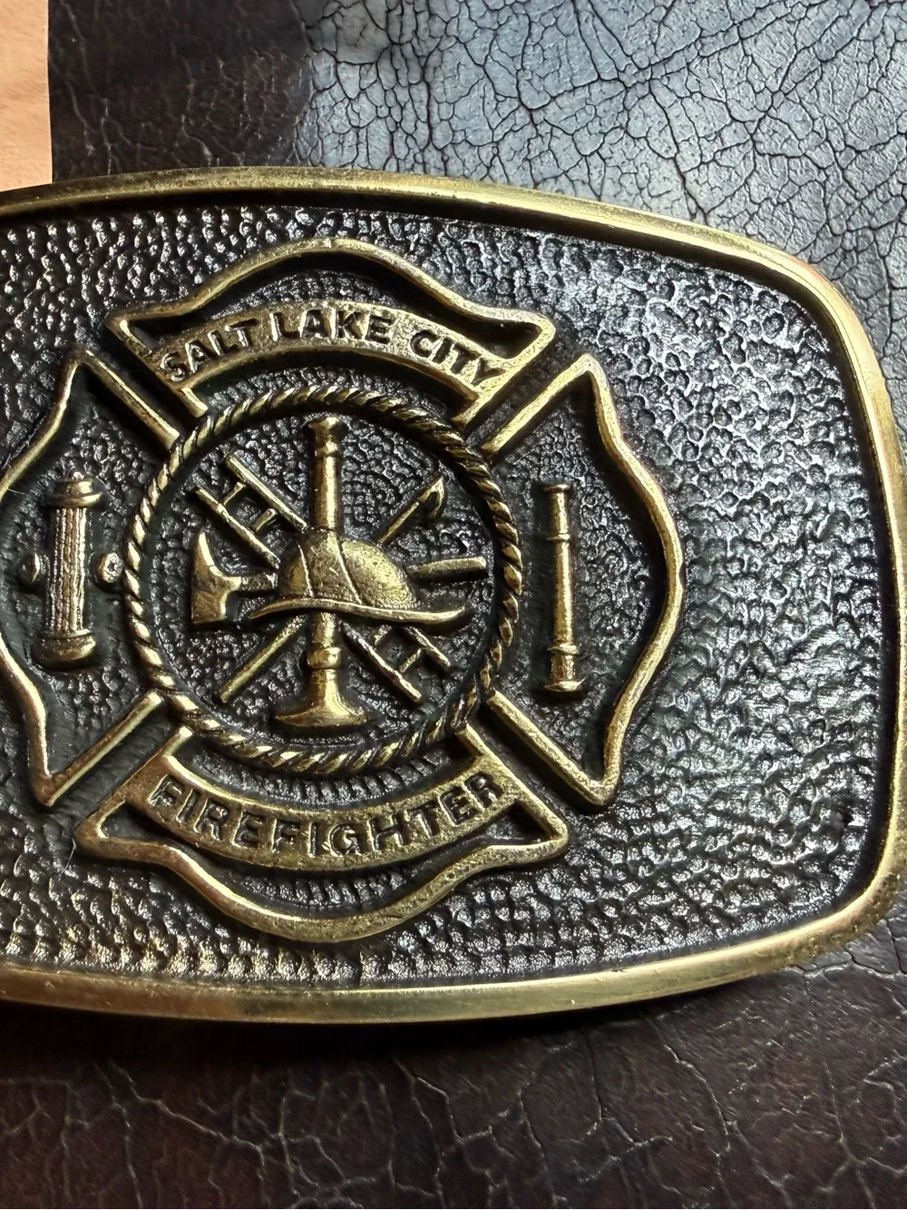 Rare Solid brass Salt Lake City firefighter belt buckle 3.5 L X 2.5 T